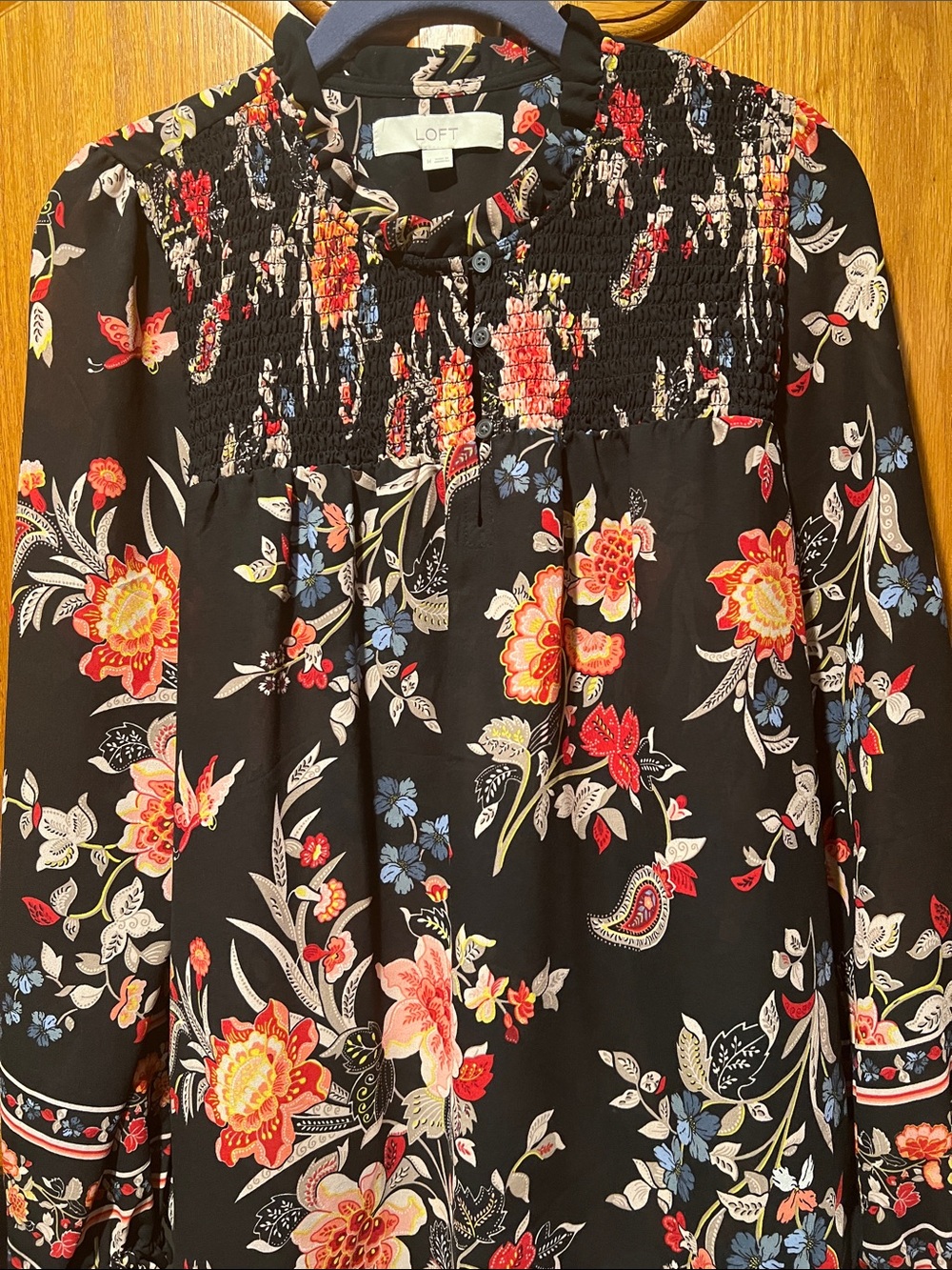 LOFT Black Floral Smocked Yoke Long Sleeve Tunic